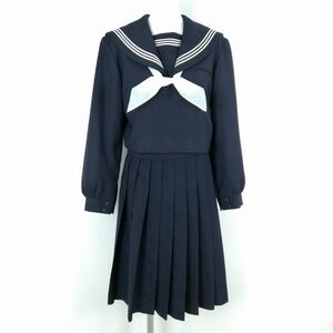 1円 セーラー服 スカート スカーフ 上下3点セット 冬物 白3本線 女子 学生服 中学 高校 紺 制服 中古 ランクB NA3797