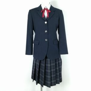 1円 ブレザー チェックスカート リボン 上下4点セット 155A 富士ヨット 冬物 女子 学生服 神奈川秦野総合高校 紺 制服 中古 ランクB NA4725