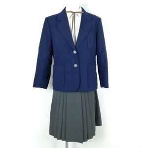 1円 ブレザー スカート 紐タイ 上下4点セット 160B 大きいサイズ 冬物 女子 学生服 中学 高校 紺 制服 中古 ランクB NA4330