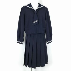 1円 セーラー服 スカート ネクタイ 上下3点セット 160B 大きいサイズ 冬物 白2本線 女子 学生服 中学 高校 紺 制服 中古 ランクC NA4508