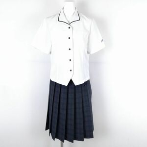 1円 ブラウス チェックスカート 上下2点セット 指定 L 富士ヨット 夏物 女子 学生服 福岡青豊高校 白 制服 中古 ランクC NA4022