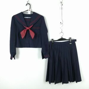 1円 セーラー服 スカート スカーフ 上下3点セット カンコー 冬物 赤2本線 女子 学生服 中学 高校 紺 制服 中古 ランク:C EY5736