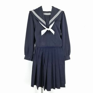 1円 セーラー服 スカート スカーフ 上下3点セット 冬物 白3本線 女子 学生服 中学 高校 紺 制服 中古 ランクC NA3843