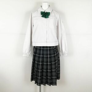 1円 ブラウス チェックスカート リボン 上下3点セット M 大きいサイズ 中間服 女子 学生服 鹿児島西紫原中学 白 制服 中古 ランクC NA4090