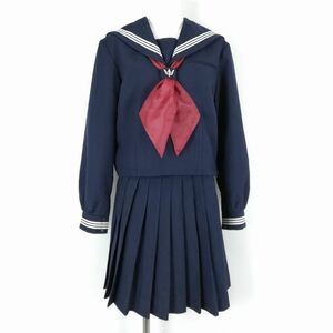 1円 セーラー服 スカート スカーフ 上下3点セット 指定 冬物 白3本線 女子 学生服 東京七生中学 紺 制服 中古 ランクC NA4481