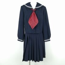 1円 セーラー服 スカート スカーフ 上下3点セット 165A 冬物 白2本線 女子 学生服 中学 高校 紺 制服 中古 ランクC NA3955_画像1