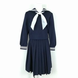 1円 セーラー服 スカート スカーフ 上下3点セット 冬物 白3本線 女子 学生服 中学 高校 紺 制服 中古 ランクC NA4339