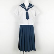 1円 セーラー服 スカート ネクタイ 上下3点セット 160A トンボ 夏物 白3本線 女子 学生服 鹿児島天保山中学 白 制服 中古 ランクC NA4501_画像1