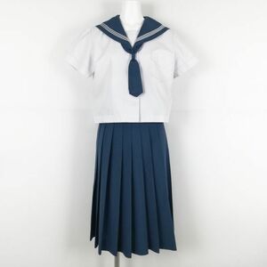 1円 セーラー服 スカート ネクタイ 上下3点セット 160A トンボ 夏物 白3本線 女子 学生服 鹿児島天保山中学 白 制服 中古 ランクC NA4501