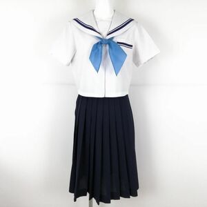 1円 セーラー服 スカート スカーフ 上下3点セット 夏物 青2本線 女子 学生服 中学 高校 白 制服 中古 ランクC NA4261