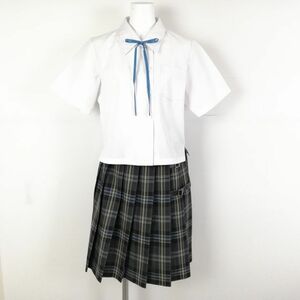 1円 ブラウス チェックスカート 紐タイ 上下3点セット 夏物 女子 学生服 中学 高校 白 制服 中古 ランクC NA4406