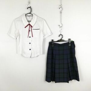 1円 ブラウス チェックスカート 紐タイ 上下3点セット 夏物 女子 学生服 熊本千原台高校 白 制服 中古 ランク:C EY8985