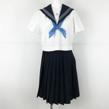 1円 セーラー服 スカート スカーフ 上下3点セット グレー3本線 女子 学生服 高知岡豊高校 白 制服 中古 ランクC NA0686_画像2