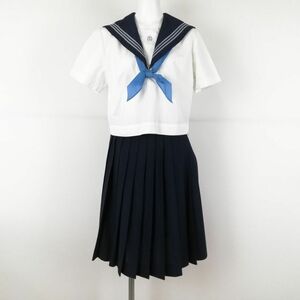 1円 セーラー服 スカート スカーフ 上下3点セット グレー3本線 女子 学生服 高知岡豊高校 白 制服 中古 ランクC NA0686