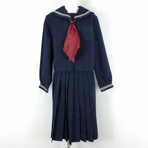 1円 セーラー服 スカート スカーフ 上下3点セット 175 大きいサイズ 冬物 白2本線 女子 学生服 中学 高校 紺 制服 中古 ランクC NA4119_画像1