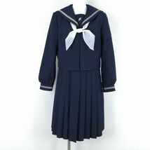 1円 セーラー服 ジャンパースカート スカーフ 上下3点セット 160A トンボ 冬物 白2本線 女子 学生服 中学 高校 紺 中古 ランクC NA4122_画像1