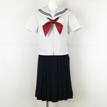 1円 セーラー服 スカート スカーフ 上下3点セット 大きいサイズ 夏物 黒3本線 女子 学生服 石川高岡中学 白 制服 中古 ランクC NA4094_画像1