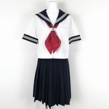 1円 セーラー服 スカート スカーフ 上下3点セット 160A 夏物 白3本線 女子 学生服 中学 高校 白 制服 中古 ランクC NA4026_画像1