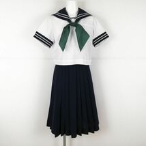 1円 セーラー服 スカート スカーフ 上下3点セット 夏物 白2緑1本線 女子 学生服 中学 高校 白 制服 中古 ランクC NA4813_画像1