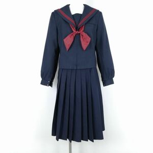 1円 セーラー服 スカート スカーフ 上下3点セット 指定 165A 冬物 赤3本線 女子 学生服 中学 高校 紺 制服 中古 ランクC NA4181