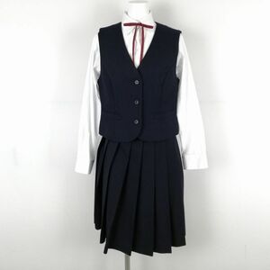 1円 ベスト スカート 紐タイ 上下4点セット 指定 富士ヨット 冬物 女子 学生服 岡山倉敷中央高校 紺 制服 中古 ランクB NA3260