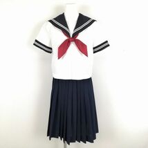 1円 セーラー服 スカート スカーフ 上下3点セット 夏物 白2本線 女子 学生服 中学 高校 白 制服 中古 ランクC NA4971_画像1