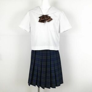 1円 セーラー服 チェックスカート リボン 上下3点セット 夏物 白2本線 女子 学生服 中学 高校 白 制服 中古 ランクC NA4792