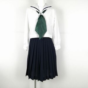 1円 セーラー服 スカート スカーフ 上下3点セット 155 中間服 青1本線 女子 学生服 兵庫書写中学 白 制服 中古 ランクC NA3354