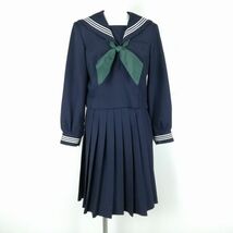 1円 セーラー服 スカート スカーフ 上下3点セット 160A 冬物 白3本線 女子 学生服 神奈川伊勢原中学 紺 制服 中古 ランクC NA4589_画像1