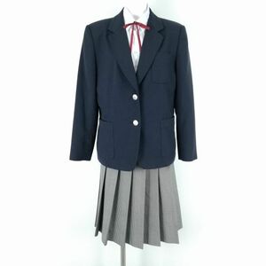 1円 ブレザー チェックスカート 紐タイ 上下4点セット 165A 大きいサイズ 冬物 女子 学生服 中学 高校 紺 制服 中古 ランクC NA4827