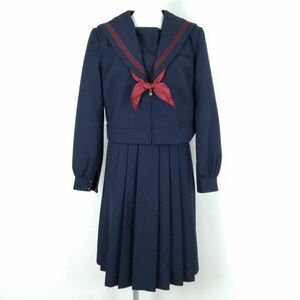 1円 セーラー服 ジャンパースカート 上下3点セット 指定 170A 大きいサイズ トンボ 冬物 赤3本線 中学 高校 紺 中古 ランクC NA4329