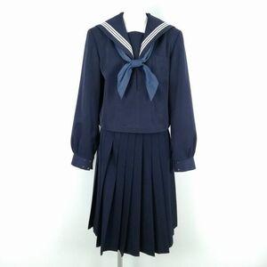 1円 セーラー服 スカート スカーフ 上下3点セット 大きいサイズ カンコー 冬物 白3本線 女子 学生服 中学 高校 紺 中古 ランクC NA4326