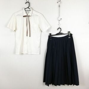 1円 ブラウス スカート 紐タイ 上下3点セット M 夏物 女子 学生服 中学 高校 白 制服 中古 ランク:C EY9010