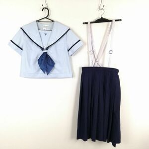 1円 セーラー服 スカート スカーフ 上下3点セット 155A 夏物 青1本線 女子 学生服 佐賀唐津東高校 水色 制服 中古 ランク:C EY3553