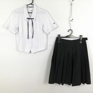 1円 ブラウス スカート 紐タイ 上下3点セット 夏物 女子 学生服 中学 高校 白 制服 中古 ランク:C EY8949