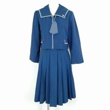 1円 セーラー服 スカート ネクタイ 上下3点セット 冬物 グレー1本線 女子 学生服 鹿児島中央高校 花紺 制服 中古 ランクC NA4939_画像1