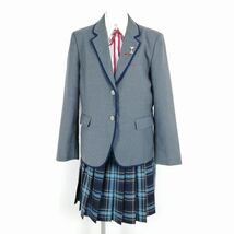 1円 ブレザー チェックスカート 紐タイ 上下4点セット 大きいサイズ カンコー 冬物 女子 学生服 鹿児島南高校 グレー 中古 ランクC NA4977_画像1