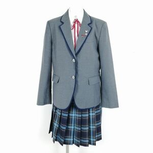 1円 ブレザー チェックスカート 紐タイ 上下4点セット 大きいサイズ カンコー 冬物 女子 学生服 鹿児島南高校 グレー 中古 ランクC NA4977