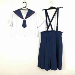 1円 セーラー服 スカート ネクタイ 上下3点セット 指定 トンボ 夏物 赤1本線 女子 学生服 福岡那珂川中学 白 制服 中古 ランクC NA4934