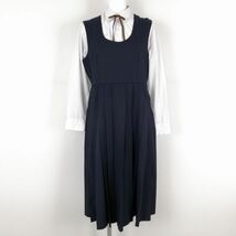 1円 ジャンパースカート 紐タイ バスト88 ウエスト74 冬物 女子 学生服 中学 高校 紺 制服 中古 ランクC NA2172_画像1