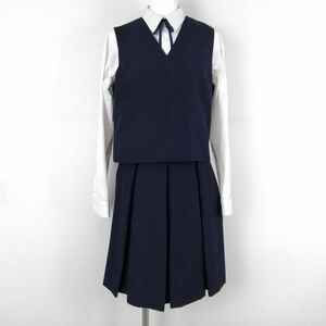 1円 ベスト スカート 紐タイ 上下4点セット 夏物 女子 学生服 中学 高校 紺 制服 中古 ランクB NA3763