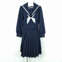 1円 セーラー服 スカート スカーフ 上下3点セット 大きいサイズ 冬物 白3本線 女子 学生服 中学 高校 紺 制服 中古 ランクC NA4328_画像1