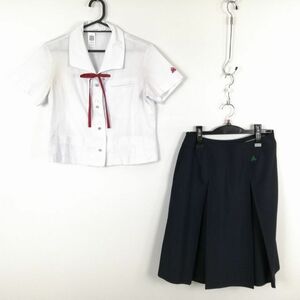 1円 ブラウス スカート 紐タイ 上下3点セット L 夏物 女子 学生服 宮崎北高校 白 制服 中古 ランク:C EY9239