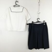 1円 セーラー服 スカート スカーフ 上下3点セット 大きいサイズ 特大 カンコー 夏物 青1本線 女子 中学 高校 白 中古 ランクC NA4766_画像2