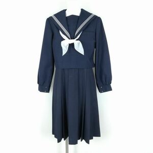 1円 セーラー服 ジャンパースカート スカーフ 上下3点セット 冬物 白3本線 女子 学生服 中学 高校 紺 制服 中古 ランクC NA4498