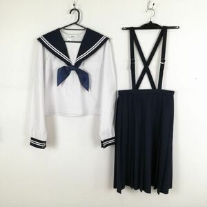 1円 セーラー服 スカート スカーフ 上下3点セット 175A 大きいサイズ 中間服 白2本線 女子 学生服 中学 高校 白 制服 中古 ランクC NA4969