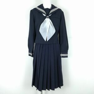 1円 セーラー服 スカート スカーフ 上下3点セット 指定 冬物 白3本線 女子 学生服 中学 高校 紺 制服 中古 ランクC NA4755