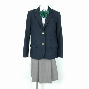 1円 ブレザー チェックスカート リボン 上下4点セット 170A 冬物 女子 学生服 中学 高校 紺 制服 中古 ランクC NA4844