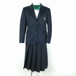 1円 ブレザー チェックスカート リボン 上下4点セット 160A 冬物 女子 学生服 中学 高校 紺 制服 中古 ランクC NA4954