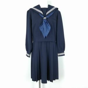 1円 セーラー服 ジャンパースカート スカーフ 上下3点セット A155 冬物 白3本線 女子 学生服 中学 高校 紺 制服 中古 ランクC NA4619